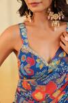 B'Infinite_Blue Georgette V-neck Carnival Bloom Embellished Draped Saree With Blouse _Online_at_Aza_Fashions