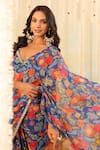 B'Infinite_Blue Georgette V-neck Carnival Bloom Embellished Draped Saree With Blouse _at_Aza_Fashions