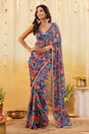Buy_B'Infinite_Blue Georgette V-neck Carnival Bloom Embellished Draped Saree With Blouse _at_Aza_Fashions