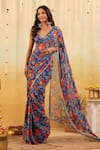 Shop_B'Infinite_Blue Georgette V-neck Carnival Bloom Embellished Draped Saree With Blouse 