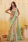 Buy_B'Infinite_Green Georgette Embroidery Pop Mirage Embellished Draped Saree And Blouse Set _Online_at_Aza_Fashions