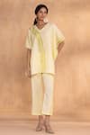 Buy_Kaveri_Yellow Linen V-neck Brush Stroke Square Co-ord _at_Aza_Fashions