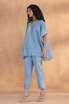 Kaveri_Blue Linen V-neck Brush Stroke Square Co-ord Set _Online_at_Aza_Fashions