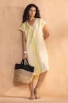 Kaveri_Yellow Linen V-neck Brush Stroke Monet Dress _Online_at_Aza_Fashions