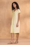 Buy_Kaveri_Yellow Linen V-neck Brush Stroke Monet Dress _Online_at_Aza_Fashions