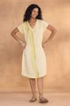 Buy_Kaveri_Yellow Linen V-neck Brush Stroke Monet Dress _at_Aza_Fashions
