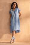 Buy_Kaveri_Blue Linen V-neck Brush Stroke Monet Dress _at_Aza_Fashions