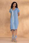 Kaveri_Blue Linen V-neck Brush Stroke Monet Dress _Online_at_Aza_Fashions