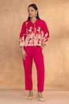 Buy_Kaveri_Pink Linen Embroidery Collared Floral Ballet Hot Top And Pant Set _at_Aza_Fashions