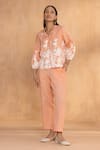 Buy_Kaveri_Peach Linen Embroidery Round Neck Floral Print Top And Pant Set _at_Aza_Fashions