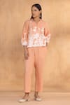 Shop_Kaveri_Peach Linen Embroidery Round Neck Floral Print Top And Pant Set _at_Aza_Fashions