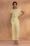 Shop_Kaveri_Yellow Linen Embroidery Round Neck Golden Daisy Bow Co-ord _at_Aza_Fashions