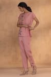 Kaveri_Peach Linen Embroidery Round Neck Golden Daisy Bow Co-ord Set _Online_at_Aza_Fashions