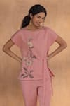 Buy_Kaveri_Peach Linen Embroidery Round Neck Golden Daisy Bow Co-ord Set _Online_at_Aza_Fashions
