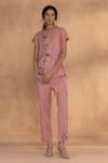 Buy_Kaveri_Peach Linen Embroidery Round Neck Golden Daisy Bow Co-ord Set _at_Aza_Fashions