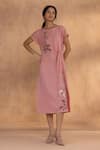 Buy_Kaveri_Pink Linen Embroidery Round Neck Golden Daisy Bow Dress _at_Aza_Fashions