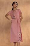Kaveri_Pink Linen Embroidery Round Neck Golden Daisy Bow Dress _Online_at_Aza_Fashions