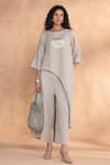 Buy_Kaveri_Gray Linen Round Neck Luna Long Co-ord Set _Online_at_Aza_Fashions
