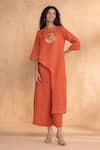 Buy_Kaveri_Orange Linen Foil Printing Round Neck Luna Long Co-ord Set _at_Aza_Fashions