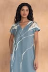 Shop_Kaveri_Blue Linen V-neck Quatum Theory Wave Dress _Online_at_Aza_Fashions