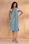 Buy_Kaveri_Blue Linen V-neck Quatum Theory Wave Dress _at_Aza_Fashions