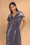 Shop_Kaveri_Charcoal Linen V-neck Quatum Theory Wave Dress _Online_at_Aza_Fashions