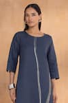 Kaveri_Blue Linen Round Neck Threads Slice Dress _Online_at_Aza_Fashions