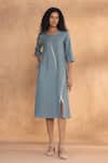 Buy_Kaveri_Blue Linen Round Neck Threads Slice Dress _at_Aza_Fashions