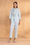 Buy_Kaveri_Blue Linen Embroidery Collared Watercolour Woods Coord Set _Online_at_Aza_Fashions