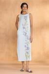 Buy_Kaveri_Blue Linen Embroidery Round Neck Watercolour Roots Dress _at_Aza_Fashions