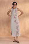 Buy_Kaveri_Gray Linen Embroidery Round Neck Watercolour Roots Dress _at_Aza_Fashions
