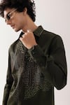 PAARSH_Olive Green Cotton Embroidery Abstract Kantha Shirt _Online_at_Aza_Fashions