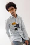 PAARSH_Aqua Linen Embroidery Toucan Print Ice Blue Shirt _at_Aza_Fashions