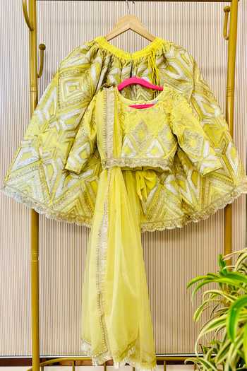 Shop_Rage Attire-Sweta Saria_Yellow Organza Beads, Sequins, Embroidery Lemon Designer Lehenga Set _at_Aza_Fashions