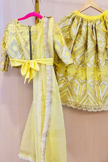 Shop_Rage Attire-Sweta Saria_Yellow Organza Beads, Sequins, Embroidery Lemon Designer Lehenga Set _Online_at_Aza_Fashions