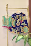 Buy_Rage Attire-Sweta Saria_Blue Bamboo Fringe, Pom-poms Floral Print Lehenga And Top Set _at_Aza_Fashions