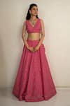 Buy_Safaa_Pink Vegan Silk Embroidery V-neck Designer Rosalie Lehenga Set _Online_at_Aza_Fashions