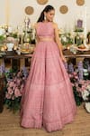 Safaa_Pink Vegan Silk Sequins, Embroidery Halter Neck Primrose Lehenga Set _at_Aza_Fashions