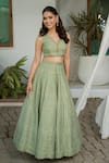 Safaa_Green Vegan Silk V-neck Ivy Sage Lehenga Set _Online_at_Aza_Fashions