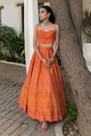 Shop_Safaa_Orange Vegan Silk Embroidery Sweetheart Neck Tangerine Vivienne Lehenga Set _at_Aza_Fashions