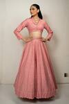 Safaa_Peach Vegan Silk Embroidery Collared Celine Lehenga And Blouse Set _Online_at_Aza_Fashions