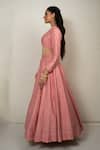 Safaa_Peach Vegan Silk Embroidery Collared Celine Lehenga And Blouse Set _at_Aza_Fashions
