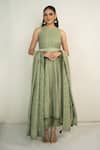 Shop_Safaa_Green Vegan Silk, Shantoon Embroidery Round Neck Sage Ailsa Anarkali Set _at_Aza_Fashions