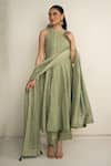 Safaa_Green Vegan Silk, Shantoon Embroidery Round Neck Sage Ailsa Anarkali Set _Online_at_Aza_Fashions
