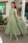 Buy_Safaa_Green Vegan Silk, Shantoon Embroidery Round Neck Sage Ailsa Anarkali Set _at_Aza_Fashions