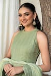 Safaa_Green Vegan Silk, Shantoon Embroidery Round Neck Sage Ailsa Anarkali Set _at_Aza_Fashions