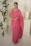 Buy_Safaa_Fuchsia Shantoon Embroidery Plunge Neck Pink Moonga Silk Rosa Saree _at_Aza_Fashions