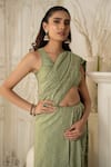 Safaa_Green Shantoon Embroidery Plunge Neck Sage Moonga Silk Saree Set _Online_at_Aza_Fashions