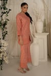 Safaa_Orange Shantoon Embroidery Round Neck Designer Moonga Silk Kurta Pant Set _Online_at_Aza_Fashions