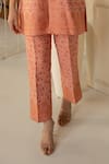 Buy_Safaa_Orange Shantoon Embroidery Round Neck Designer Moonga Silk Kurta Pant Set _Online_at_Aza_Fashions